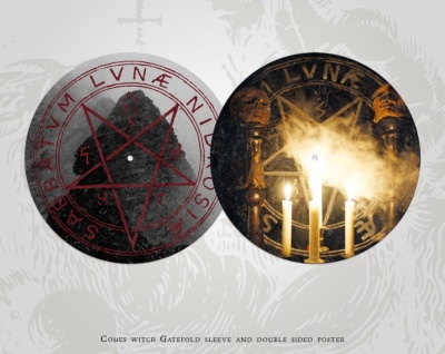 Duas capas de vinil redondas com desenhos ocultistas em preto, vermelho e dourado