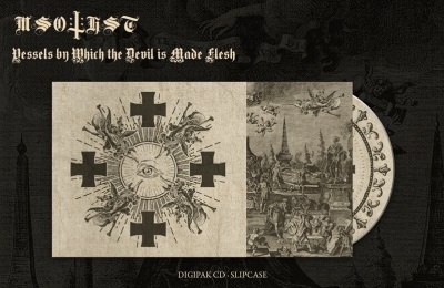 Capa e disco Digipak CD 'ISOLIST Vessels by Which the Devil is Made Flesh' com arte sépia e preta.