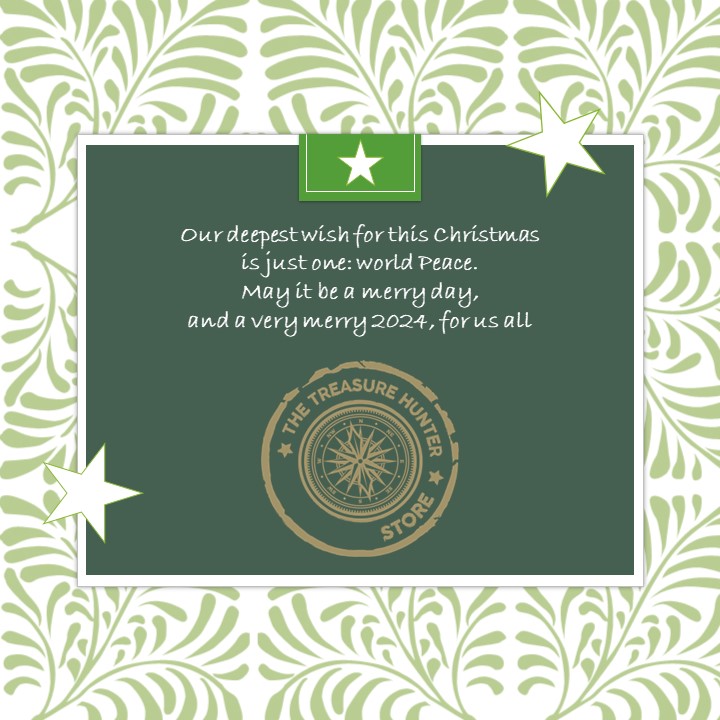 Cartão de Natal com mensagem de paz, carimbo com bússola e padrão de folhas verdes