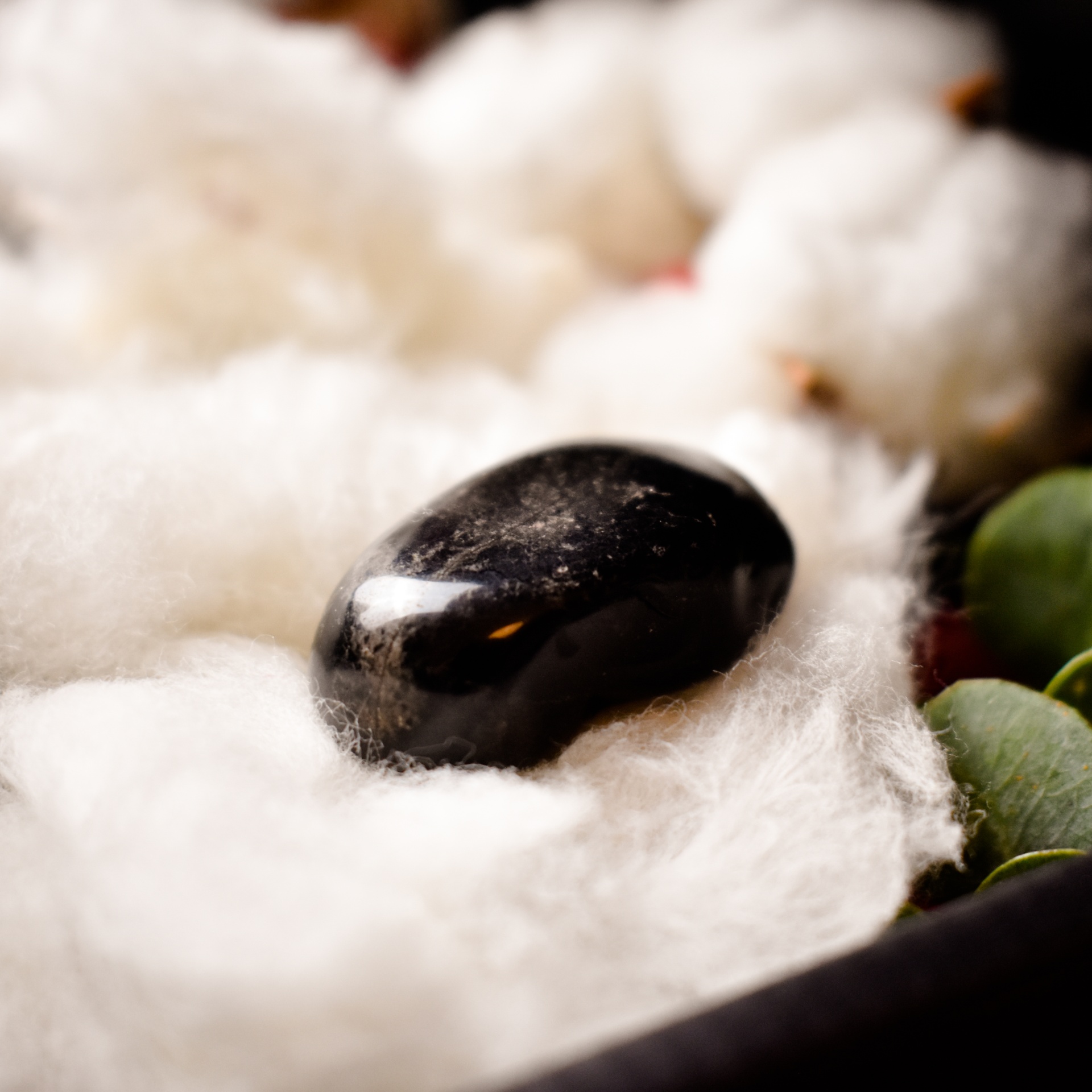 Mystic Treasure Box: Ónix | força e proteção Pedra preta lisa sobre algodão branco com folhas verdes ao lado