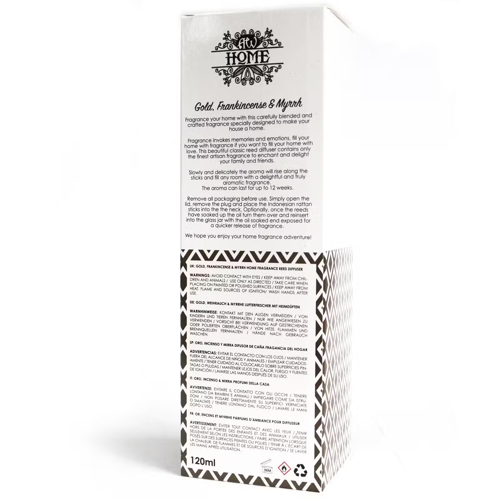 Mikado Ouro, incenso e mirra | 120ml Embalagem branca de difusor de fragrância AW HOME com texto multilíngue e padrão geométrico preto