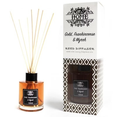 Difusor de varetas AW HOME Gold, Frankincense & Myrrh com embalagem e frasco