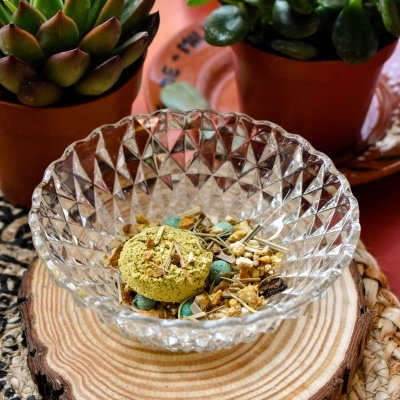 Tigela de vidro com mistura de sementes e comprimido verde numa base de madeira e plantas suculentas ao fundo