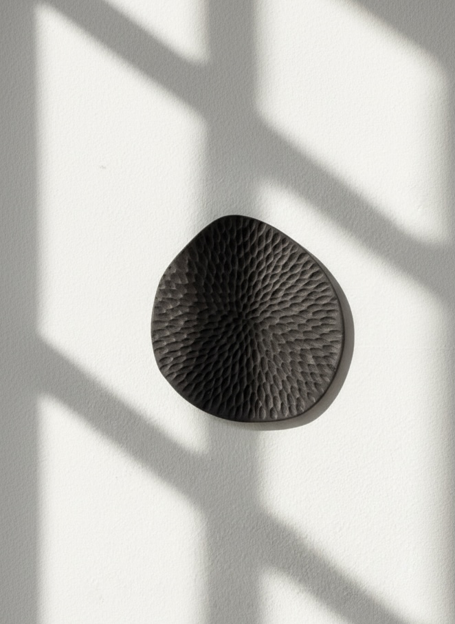 Escultura Diálogos Marítimos prato preto decorativo em cerâmica na parede branca com sombras de janela