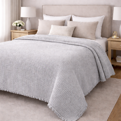 Cama de casal com cobertor cinza e almofadas bege em quarto com mesas de cabeceira e candeeiros