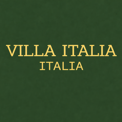 Texto VILLA ITALIA ITALIA em amarelo sobre fundo verde