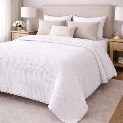 Cama branca com colcha texturizada e travesseiros bege e branco em quarto com mesas de cabeceira de madeira e abajures