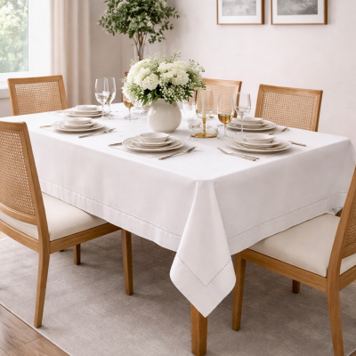 Mesa de jantar de madeira com toalha branca, quatro cadeiras de madeira, serviço de jantar branco, copos, castiçais dourados e flores brancas num jarro.