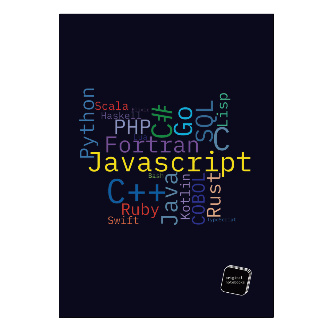 Caderno preto com nomes de linguagens de programação em cores diversas e selo 'original notebooks'.