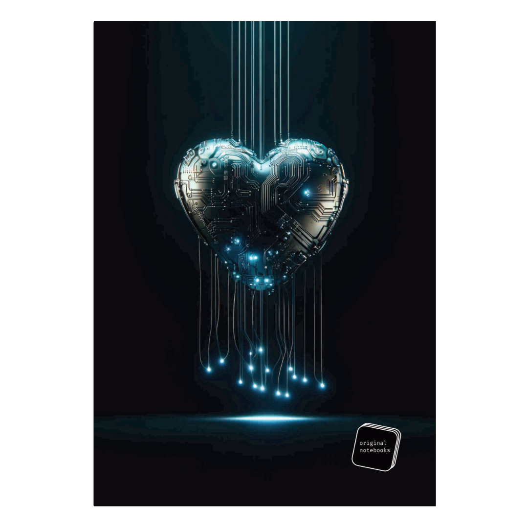 Capa de caderno com coração tecnológico em fundo preto