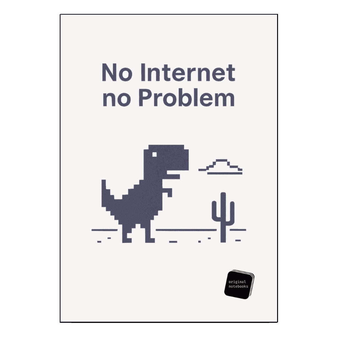 Caderno branco com texto e dinossauro pixelizado cinzento