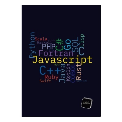 Caderno preto com nomes de linguagens de programação em cores diversas e selo 'original notebooks'.