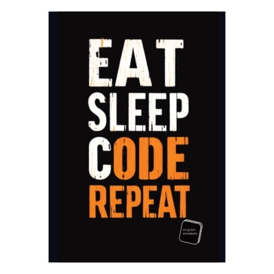 Caderno preto com texto 'EAT SLEEP CODE REPEAT' em branco e laranja