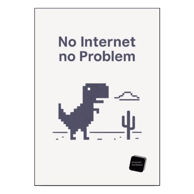 Caderno branco com texto e dinossauro pixelizado cinzento