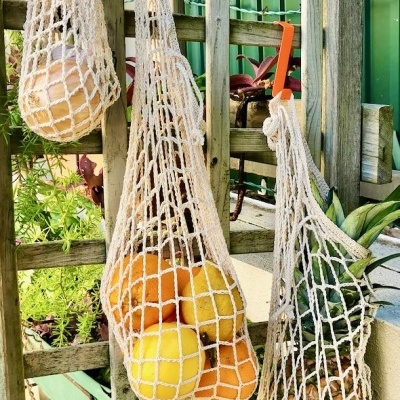 Sacolas de rede penduradas contendo frutas diversas.