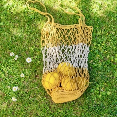 Saco de rede em amarelo e branco com limões dentro na relva verde