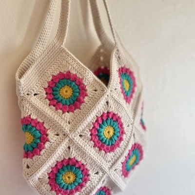 Mala de crochet bege com padrão circular colorido e alças pendurada na parede