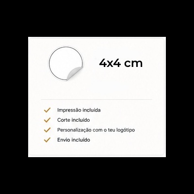 Autocolante redondo branco 4x4 cm com lista de características