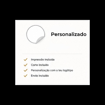 Adesivo redondo branco com texto Personalizado e lista de serviços incluídos.