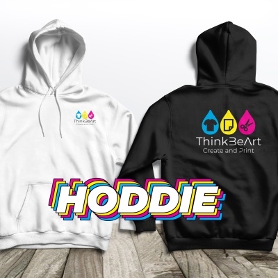 Duas hoodies com logotipos coloridos, uma branca com logo à frente e uma preta com logo e texto nas costas