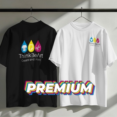 Duas t-shirts, preta e branca, com logótipo colorido e texto Think2eArt Create and Print.