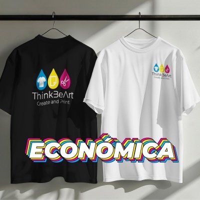 Duas t-shirts, preta e branca, com logótipo Think2eArt e texto Create and Print