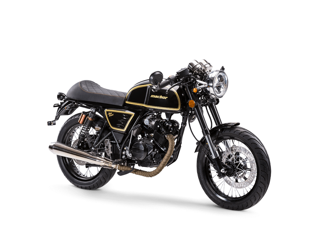 MACBOR JOHNNY BE GOOD 125 E5 Motociclo clássico preto com detalhes dourados e escapamento cromado