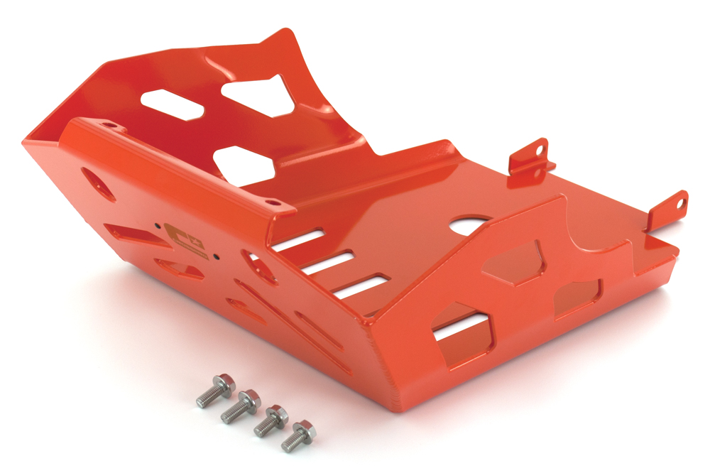 PROTEÇÃO DE MOTOR CROSSPRO TRAIL ALUMINI KTM 950 ADVENTURE 2002-2006/950 ADVENTURE S 2003-2006/990 ADV(...) Protetor metálico laranja com parafusos sobre fundo branco