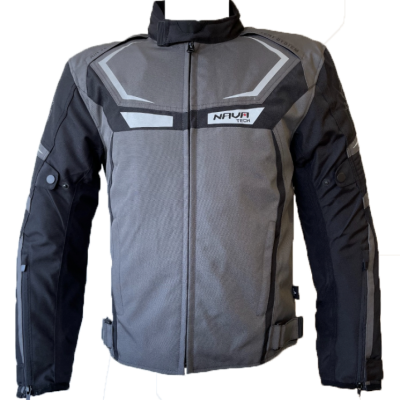 Casaco de moto cinza e preto com fecho de correr e texto NAVA 191