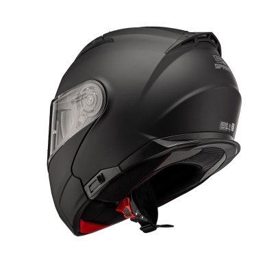 Capacete de motociclista preto fosco com viseira transparente e interior vermelho