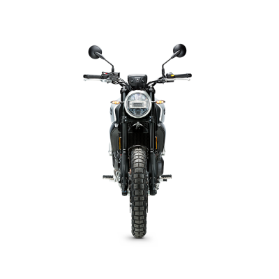 Motocicleta preta vista de frente com farol redondo e pneus off-road