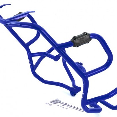 Estrutura de suporte azul para motocicleta com parafusos e porcas sobre fundo branco