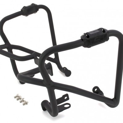 Suporte metálico preto para bagageira lateral de bicicleta com parafusos