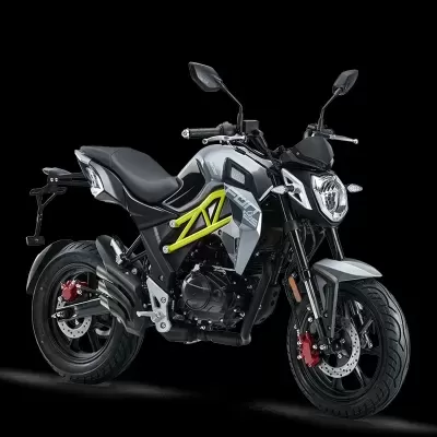 Motociclo de desporto cinza e preto com detalhes verdes e travão vermelho