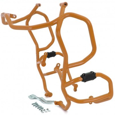 Estrutura metálica de suporte ou proteção para moto laranja em fundo branco