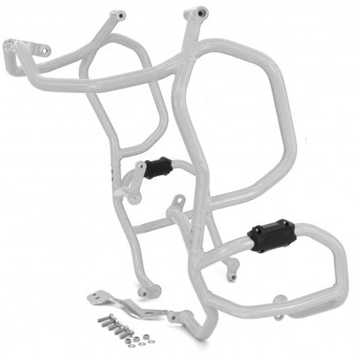 Estrutura metálica branca de proteção para motocicleta com acessórios e parafusos