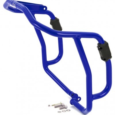 Estrutura metálica tubular azul com peças de plástico preto e parafusos