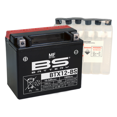 Bateria preta BS Battery BTX12-BS com pacote de ácido sulfúrico