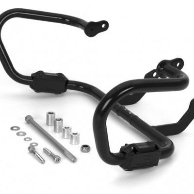 Suporte preto para motocicleta com parafusos e peças metálicas