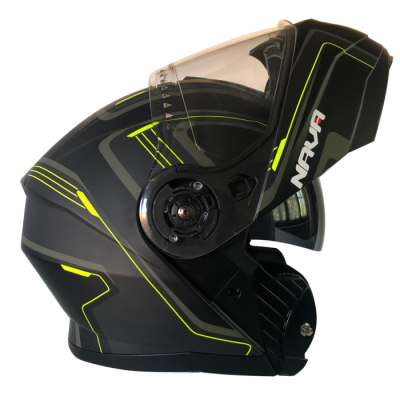 Capacete de mota modular preto com linhas amarelas fluorescentes