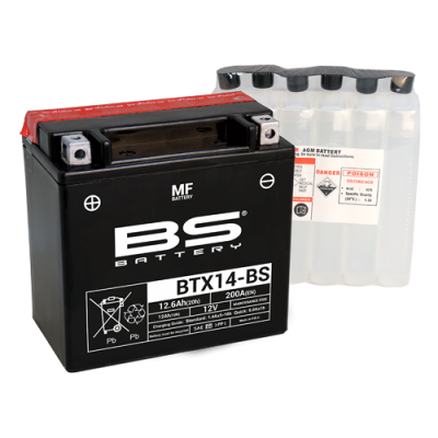 Bateria preta BS Battery BTX14-BS com tampo vermelho e embalagem transparente com ácido ao lado