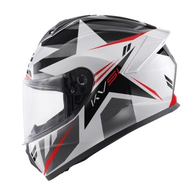 Capacete integral preto, branco, cinza e vermelho com visor transparente