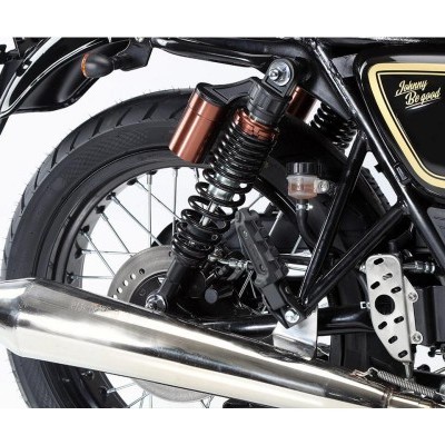 Detalhe da roda traseira e suspensão de motocicleta clássica preta e dourada com texto Luxury Classic