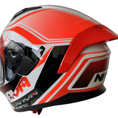 Capacete de motocicleta vermelho, branco e preto com viseira