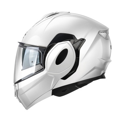 Capacete de moto branco com viseira transparente e detalhes em preto