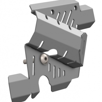 Peça metálica cinzenta angular com ranhuras e parafusos