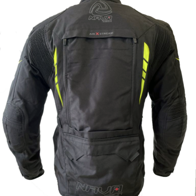 Casaco preto de motociclismo com detalhes amarelos e texto NIVIA AIR X STREAM nas costas