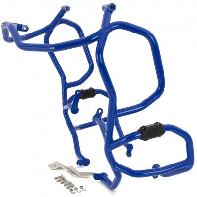 Estrutura metálica azul com acessórios de montagem