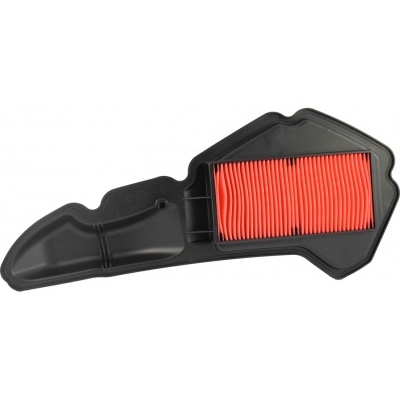 Filtro de ar de veículo preto com elemento filtrante vermelho sobre fundo branco