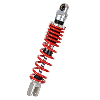 Amortecedor vermelho e prateado com mola em espiral